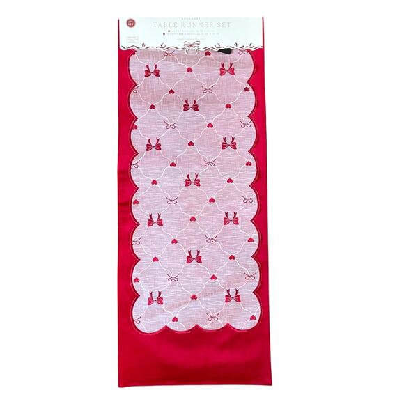 2pc Velvet Valentines Day Table Runner Bows Hearts Red & White by Envogue New - Picture 7 of 13